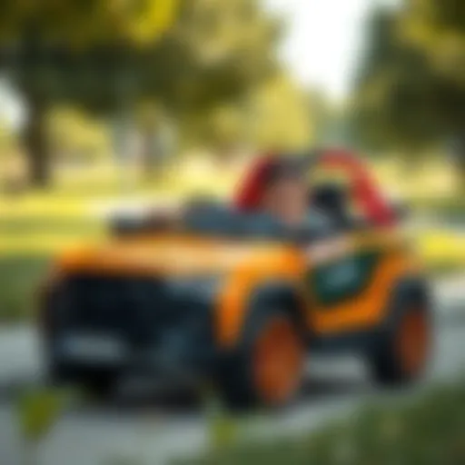 Child happily driving an electric car in a park