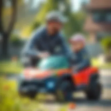 Parent supervising child playing with an electric car