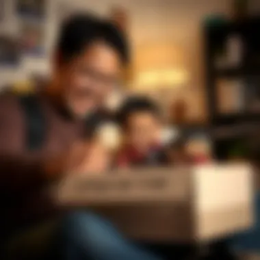 An adult and child engaged in a joyful moment while unboxing Attack on Titan Funko Pop figures