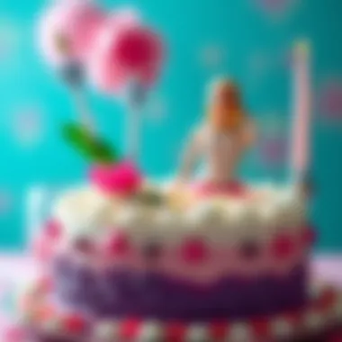 A close-up view of the intricate decorations on a Barbie cake.