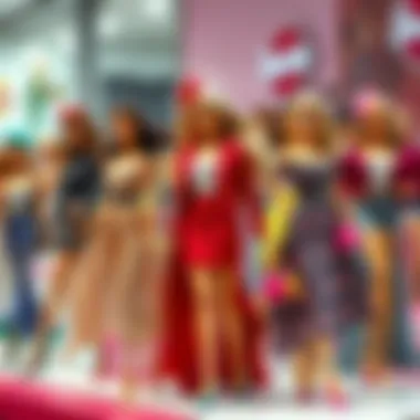 A visually appealing arrangement of Barbie fashion through the decades.