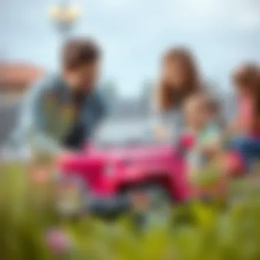 Parents observing children playing with Barbie Jeep