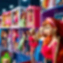 Colorful Barbie sets displayed on a shelf