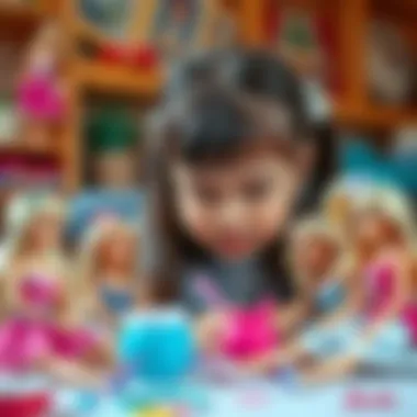 A child engaged in imaginative play with Barbie dolls showcasing creativity.