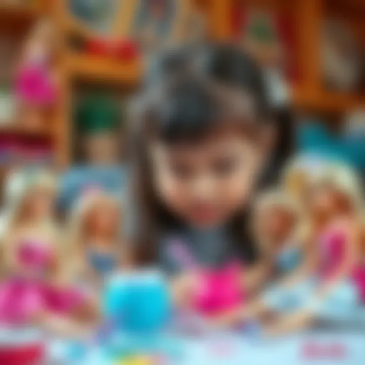 A child engaged in imaginative play with Barbie dolls showcasing creativity.