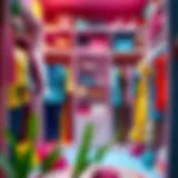 A vibrant Barbie wardrobe filled with colorful outfits and accessories.