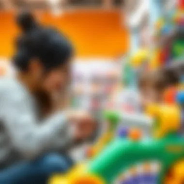 Parent assisting child with toy stroller selection