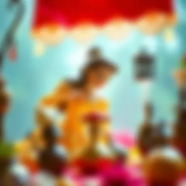 Belle and the Enchanted Objects An artistic portrayal of Belle interacting with the enchanted objects, showcasing her kindness and empathy.