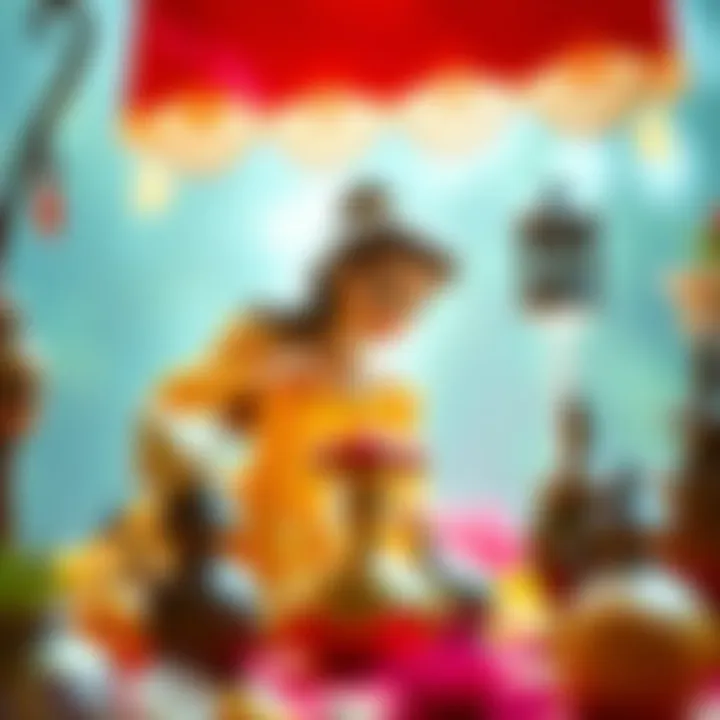 Belle and the Enchanted Objects An artistic portrayal of Belle interacting with the enchanted objects, showcasing her kindness and empathy.