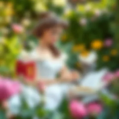 Belle in the Garden of Literature A serene depiction of Belle reading in a lush garden, symbolizing her love for literature.