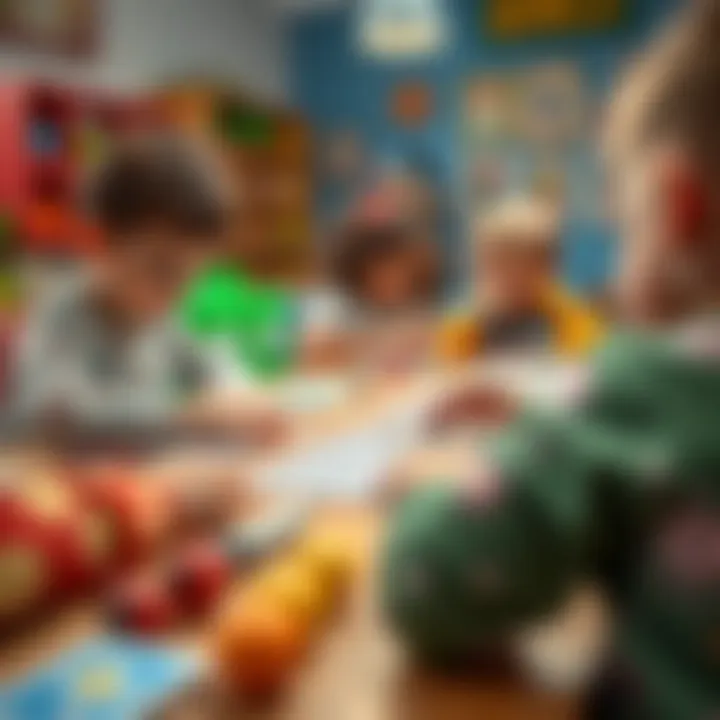 Colorful bingo cards laid out on a table with children playing