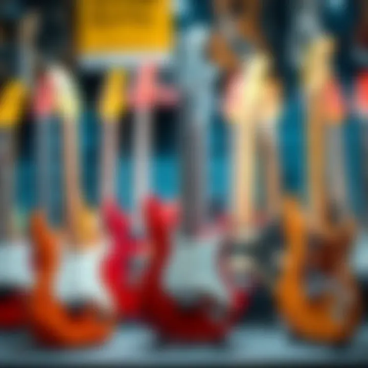 Different brands of toy guitars displayed