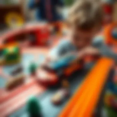 An overview of a child building a Hot Wheels track