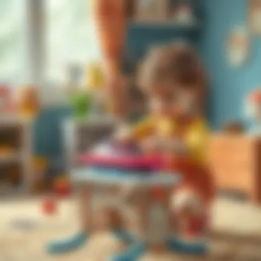 Child engaged in imaginative play with toy ironing board
