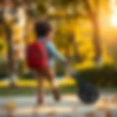 A child effortlessly pulling a wheeled backpack while walking in a park.