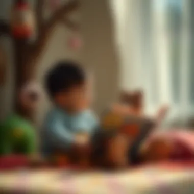 A serene image of a child reading a story about a small bear, illustrating cognitive development.