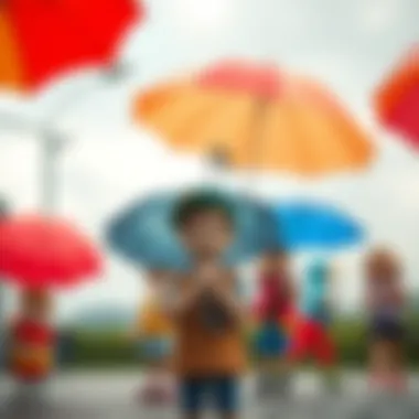 Children with Umbrellas in Outdoor Activities Children using umbrellas in various outdoor settings