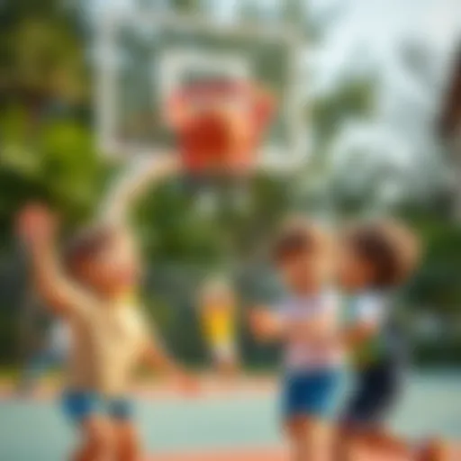 Young children playing basketball with a hoop