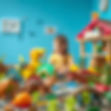 An educational setup with toy dinosaurs interacting with children, highlighting learning through play.