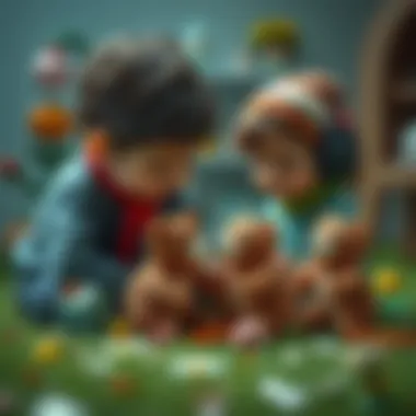 A creative scene of children playing with small bear toys, showcasing bonding and social interaction.