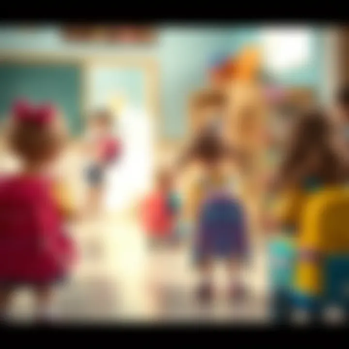 An educational setting where children are using wheeled backpacks.