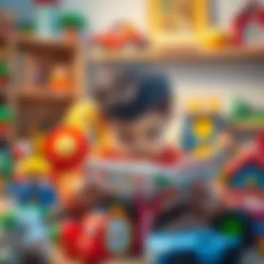 A child engrossed in a colorful picture book, surrounded by toys.