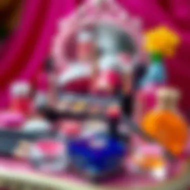 Close-up of a beautifully arranged princess makeup kit with vibrant colors
