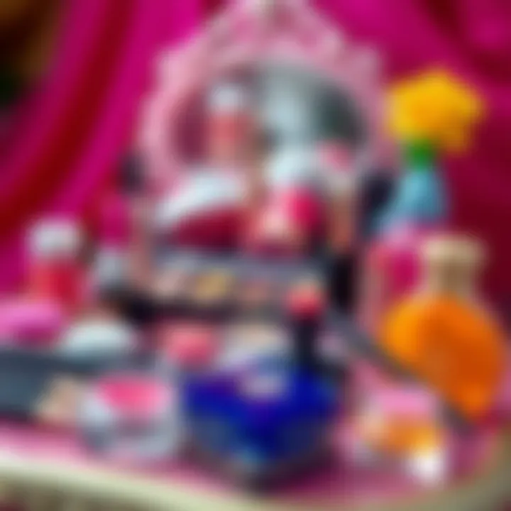 Close-up of a beautifully arranged princess makeup kit with vibrant colors