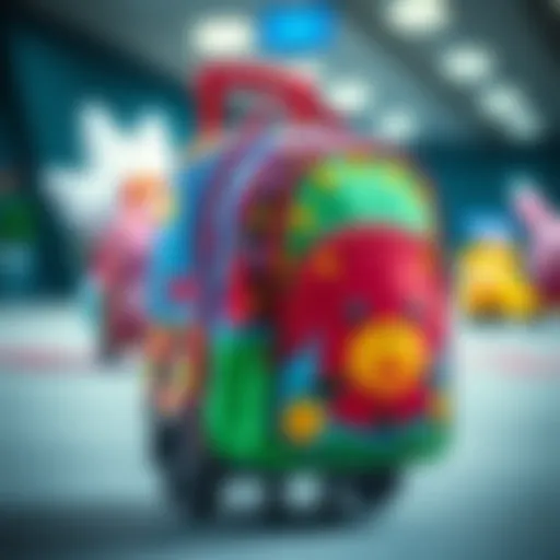 A colorful wheeled children's backpack showcasing various designs and patterns.