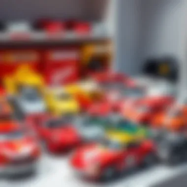 Different types of toy cars displayed on a shelf