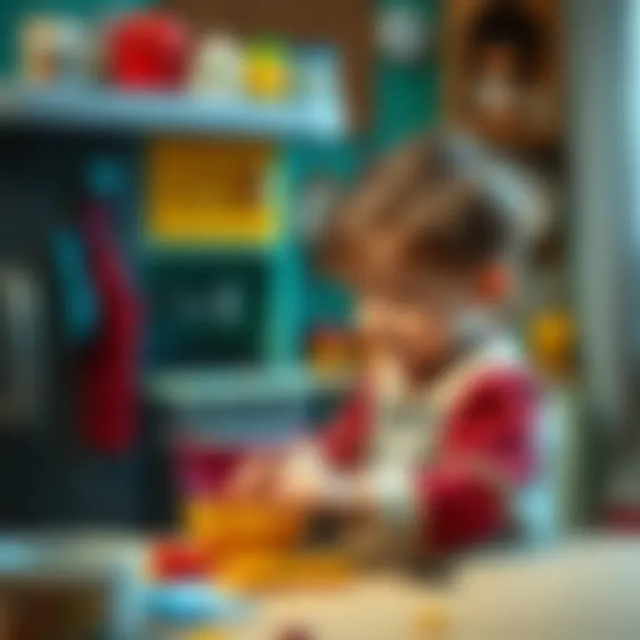 A child engaging in creative role play with a toy kitchen set