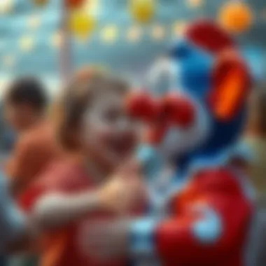 A joyful child interacting with a vibrant sea clown during a fun event