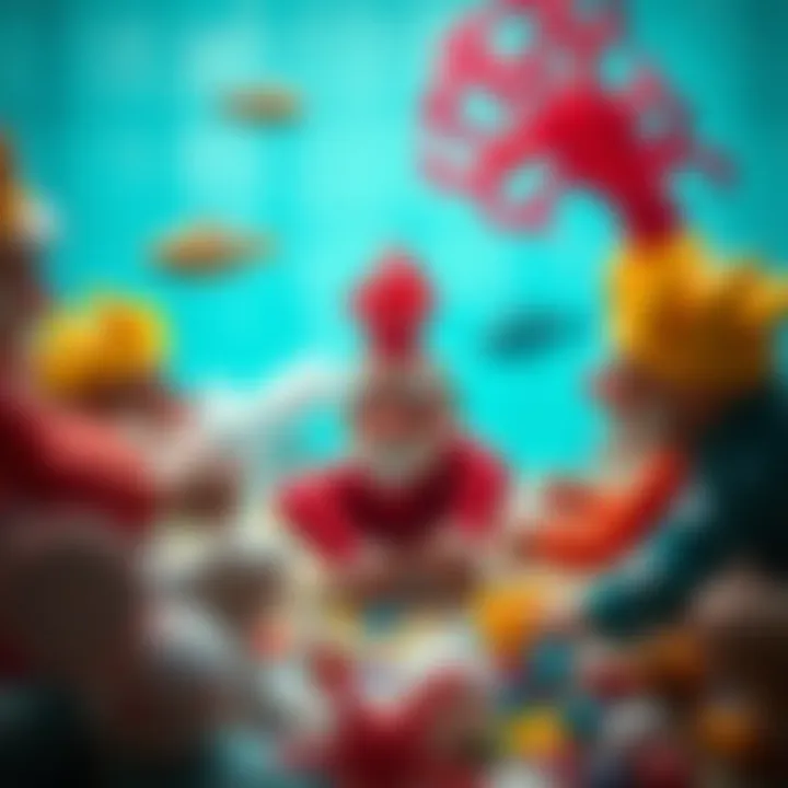 A captivating scene of sea clowns engaging children in a creative activity