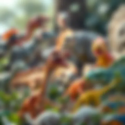 A vibrant illustration of various dinosaur species in their natural habitat.