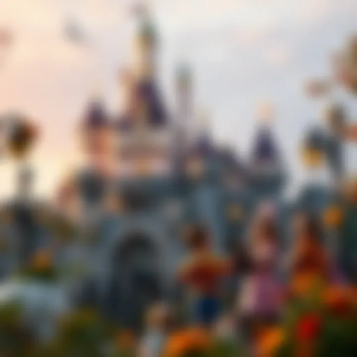 A vibrant scene of families enjoying their time near the castle