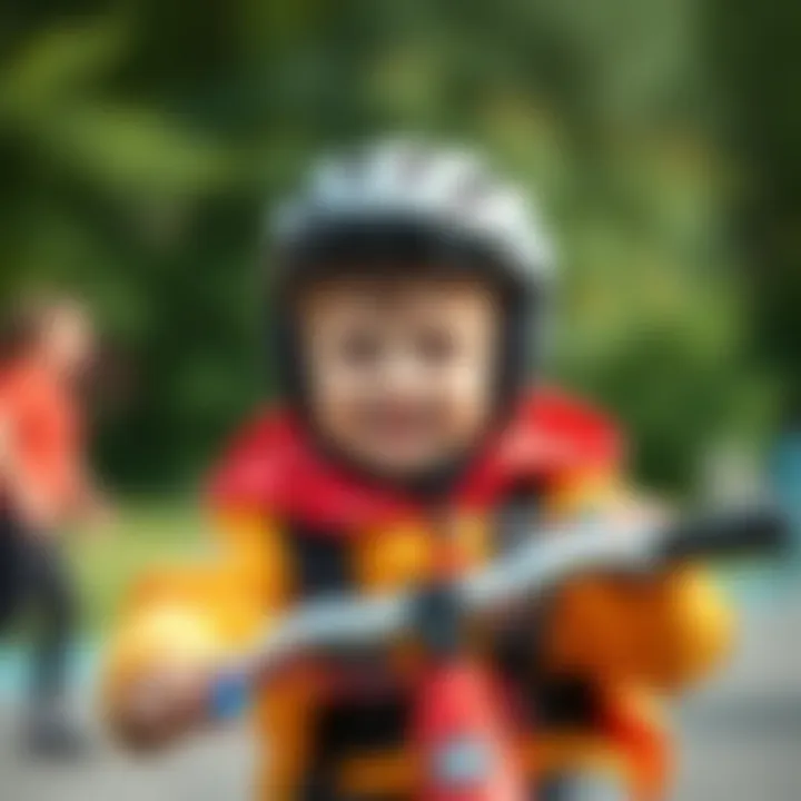 A close-up of a child securely seated in a parent bike attachment, smiling.