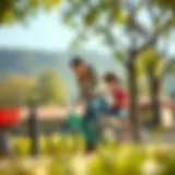 A parent and child enjoying a bike ride together in a scenic park.
