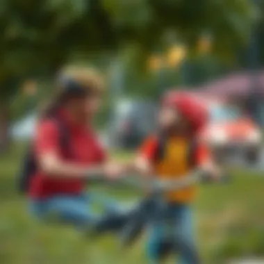 A parent explaining safety tips to a child before a bike ride.