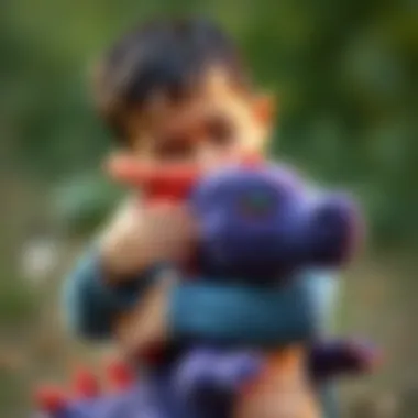 A child embracing a dragon plush, showcasing affection
