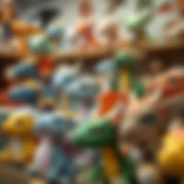 Collection of various dragon plush toys on display