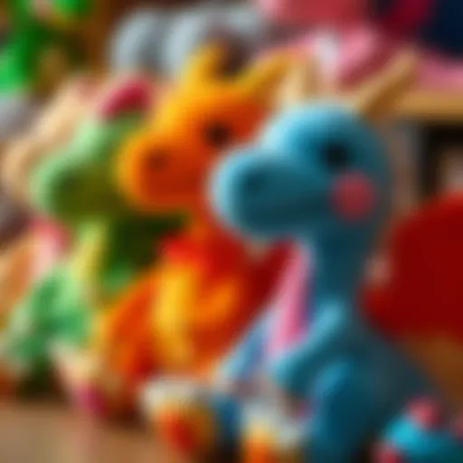 Colorful dragon plush toys arranged for children
