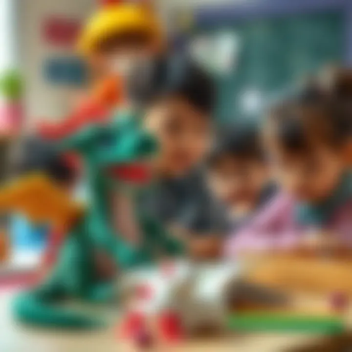 Educational setting with children playing with dragon plush toys
