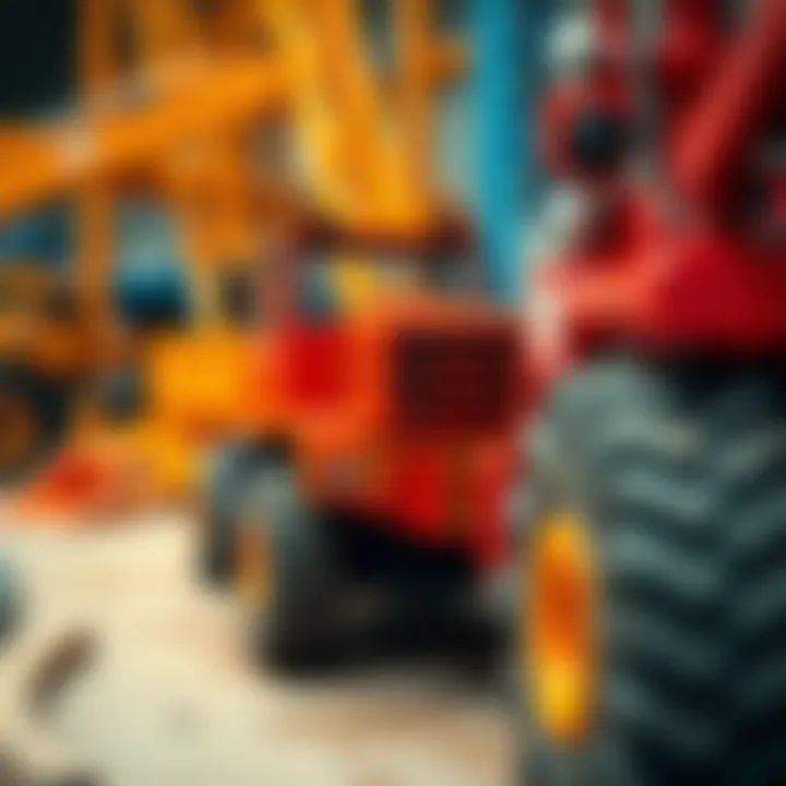 Construction equipment being maintained and serviced