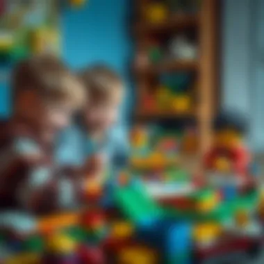 Children engaged in creative play with Lego sets, illustrating teamwork and imagination.