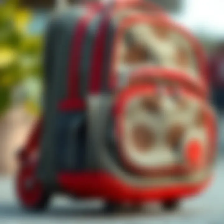 A close-up view of the functional features of a wheeled children's backpack.