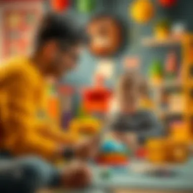 An adult guiding a child in a playful learning experience