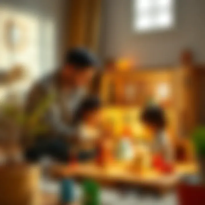 Parents playing with their children using a dollhouse