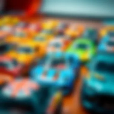 A collection of colorful Hot Wheels cars ready for racing