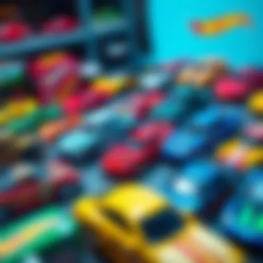 A colorful display of various Hot Wheels models