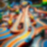 A vibrant Hot Wheels track layout with multiple loops and jumps